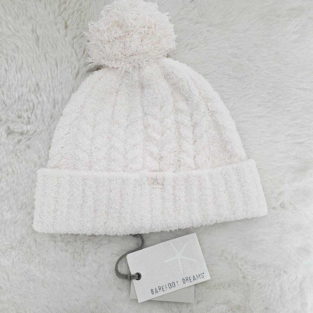 Barefoot Dreams CozyChic Cable Knit Pom Pom Beanie Cream White NWT BDWCC20562 OS